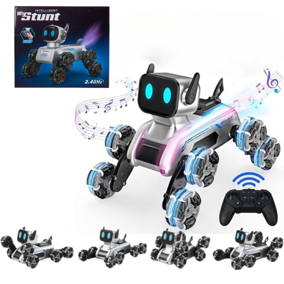 🐶 Cățel Robot Interactiv 360° cu Ecran LED, Lumină, Muzică și Telecomandă – 8 Roți Omni-Direcționale & Efect Spray