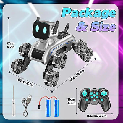 🐶 Cățel Robot Interactiv 360° cu Ecran LED, Lumină, Muzică și Telecomandă – 8 Roți Omni-Direcționale & Efect Spray